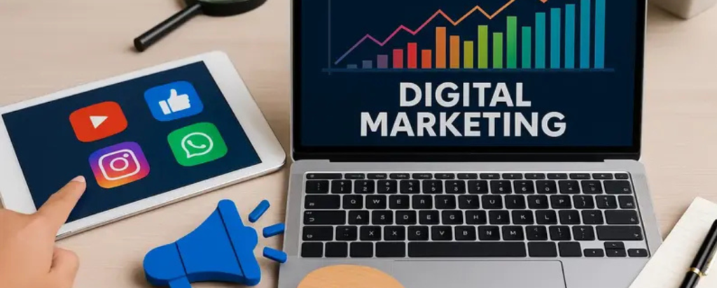 Estrategia de publicidad digital comparando iconos de Facebook Ads y Google Ads en pantalla de laptop
